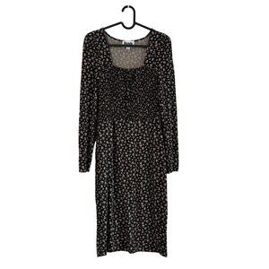 Rouje Paris Black Floral Smocked Viscose Wool Long Sleeve Midi Dress Womens 36